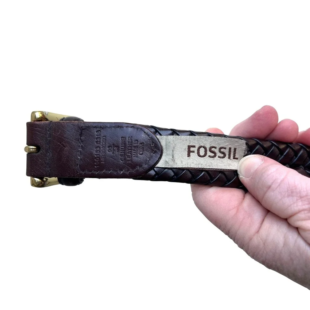 Fossil Braided Leather Belt Dark Brown Woven Gold Buckle Mens Size 38